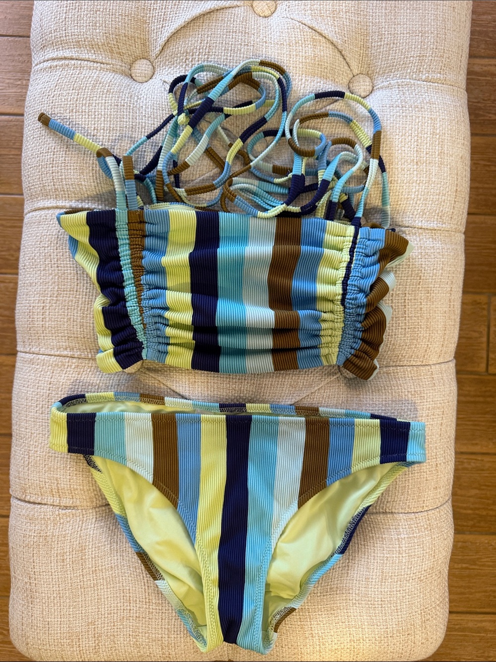 aerie Ribbed Two-Piece with Vertical Stripes Blue, Lime & Brown S bottom XS top